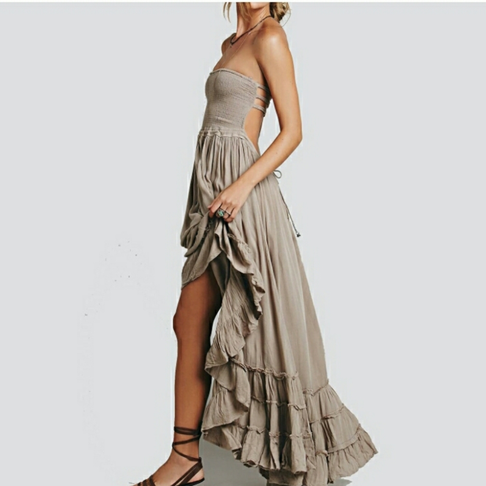 R.V Boho Beach Bum Backless Wedding dress khaki